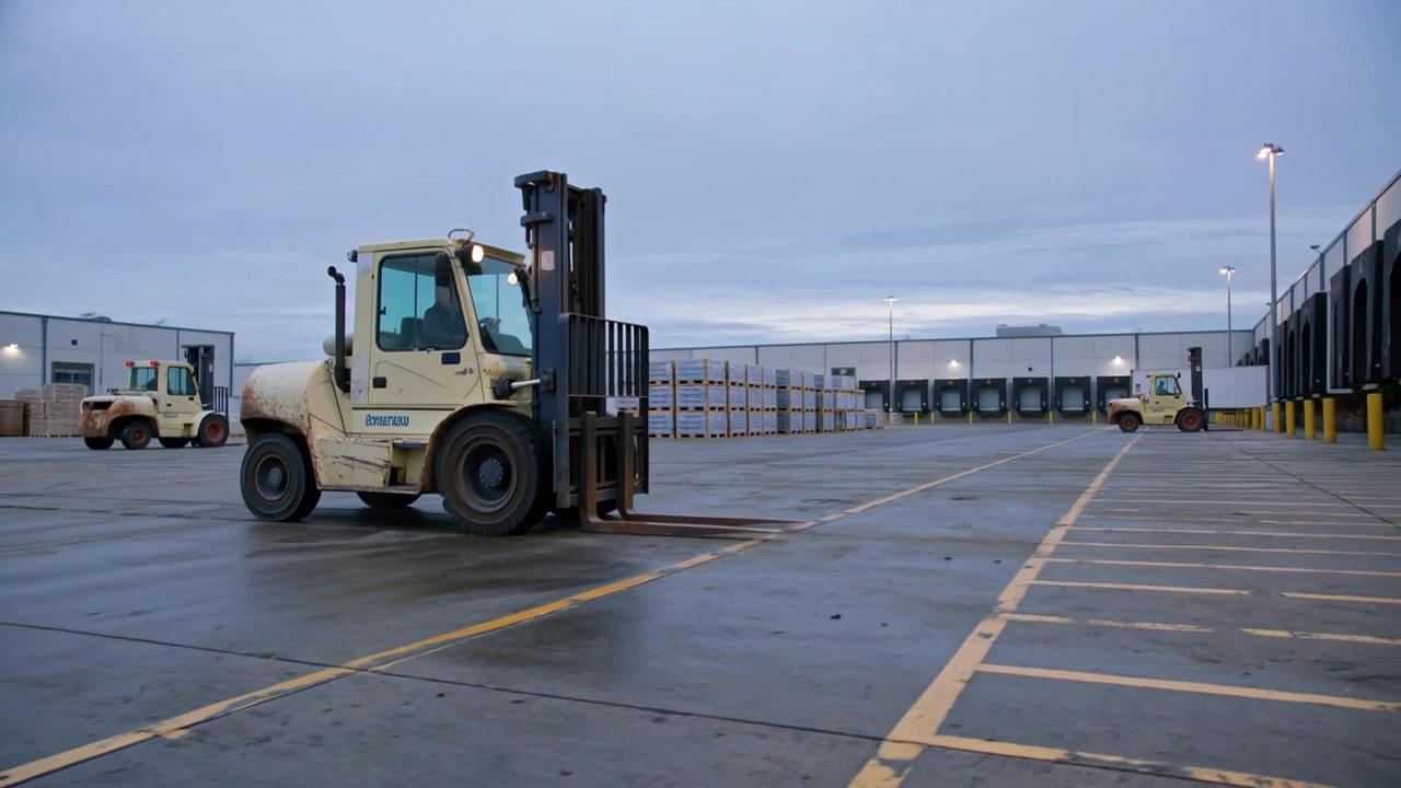 Operator engaging controls, moving beige forklift slowly across wet loading yard, staging pallets