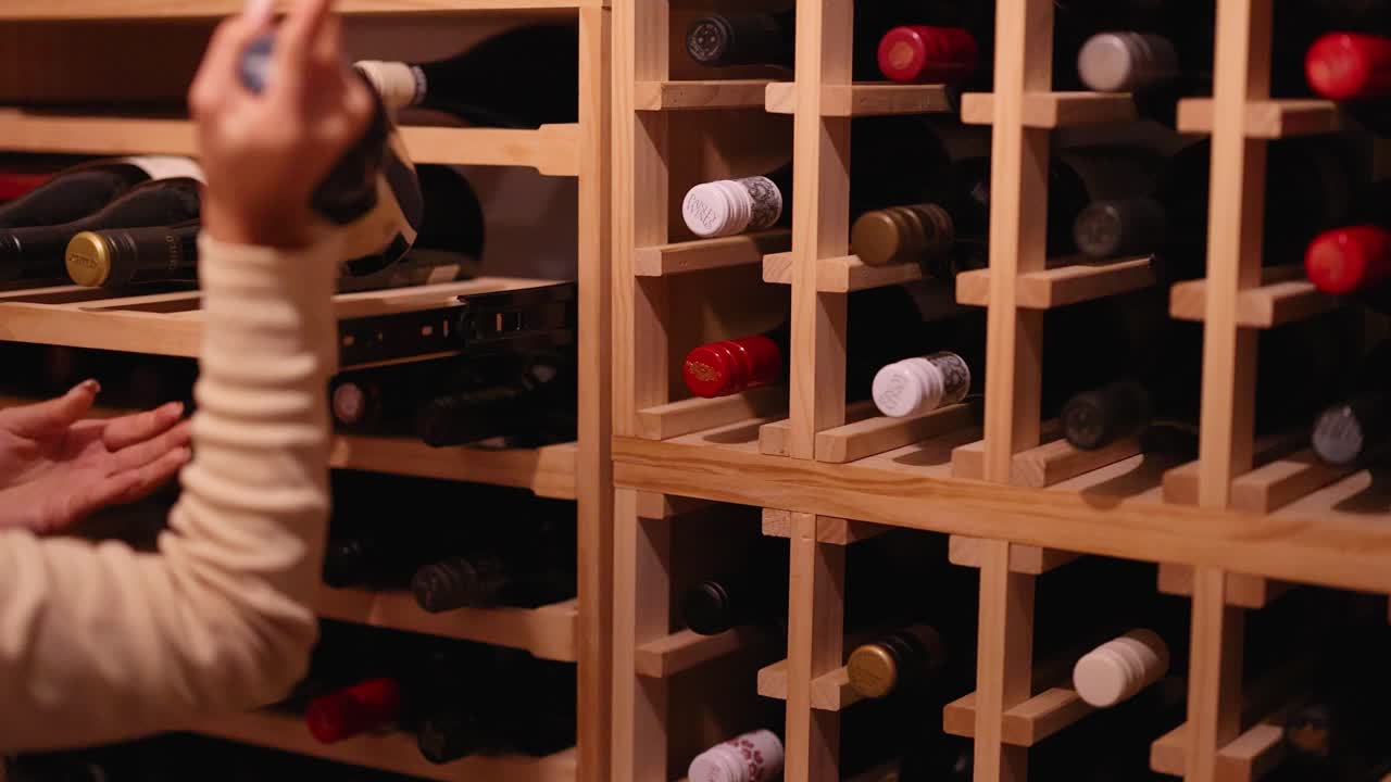 A person chooses a wine bottle from a wooden rack in a dimly lit cellar, showcasing a variety of wines