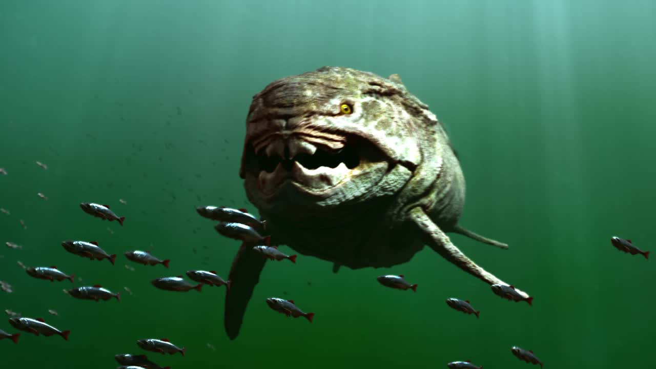 dunkleosteus el pez prehistórico masivo y blindado con mandíbulas cortantes, animación cgi realista
