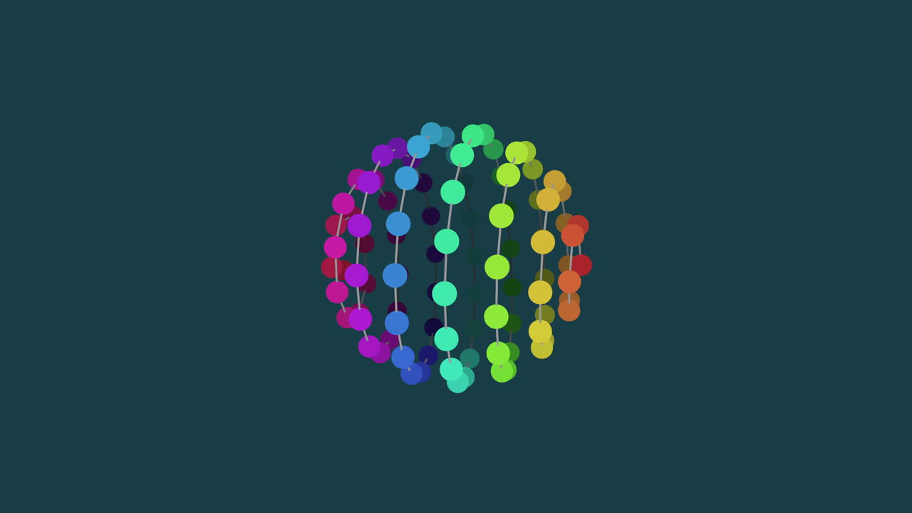 esfera vibrante, molécula 3d, círculos coloridos conectados por líneas.