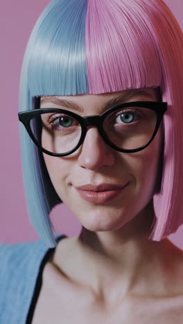 woman with pink and blue hair and glasses