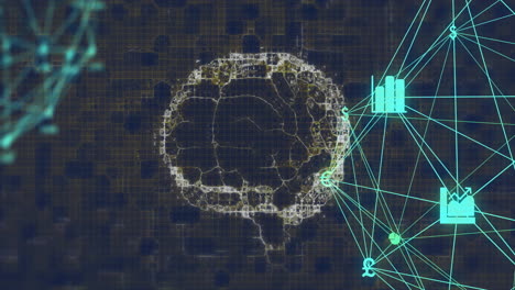 Animation of network of connections and human brain on black background