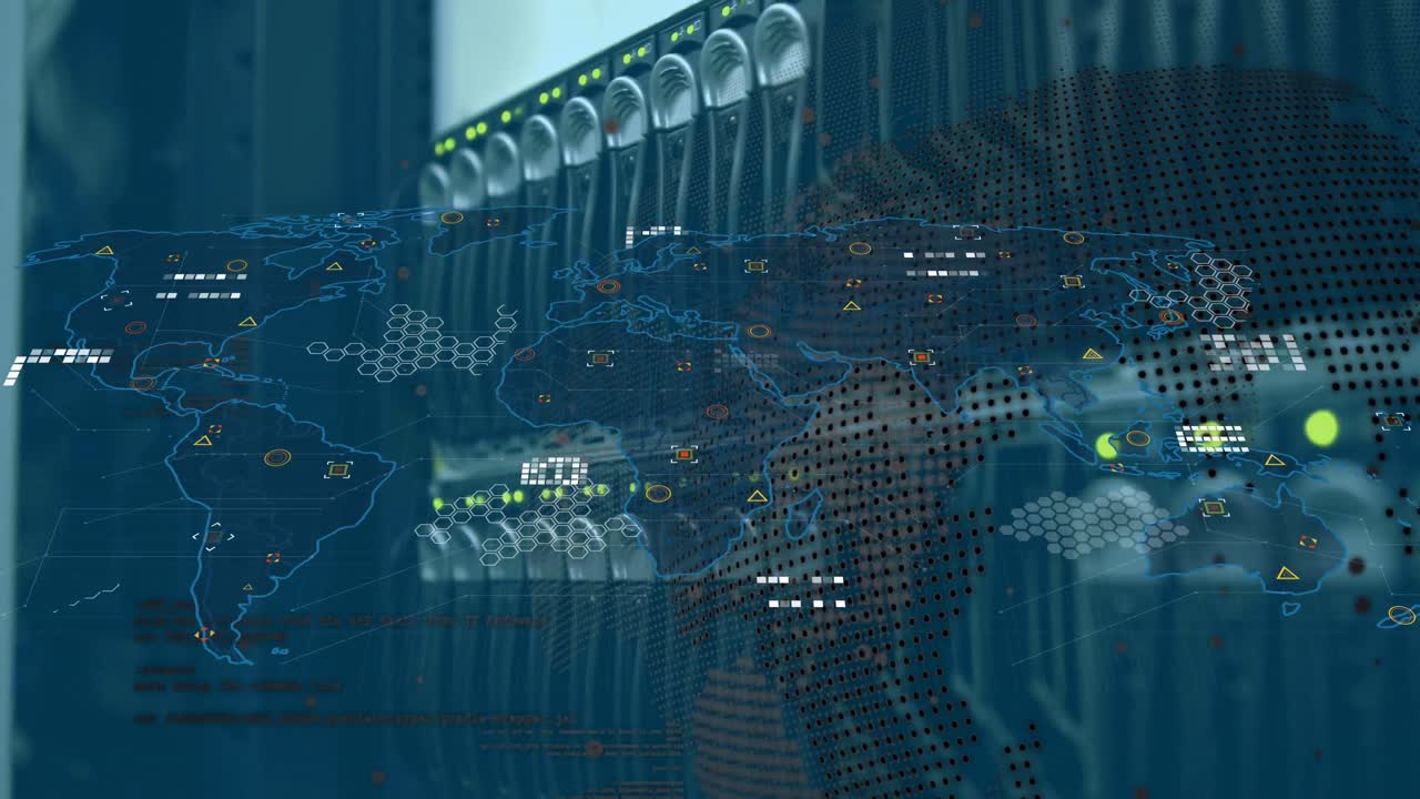 Animation of world map, data processing and spinning globe against close up of a computer server