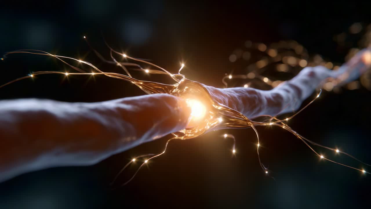 Illuminating Neural Connections: A Close-Up View of a Nerve Cell and Its Synaptic Interactions with Electric Sparks in a Glowing Environment