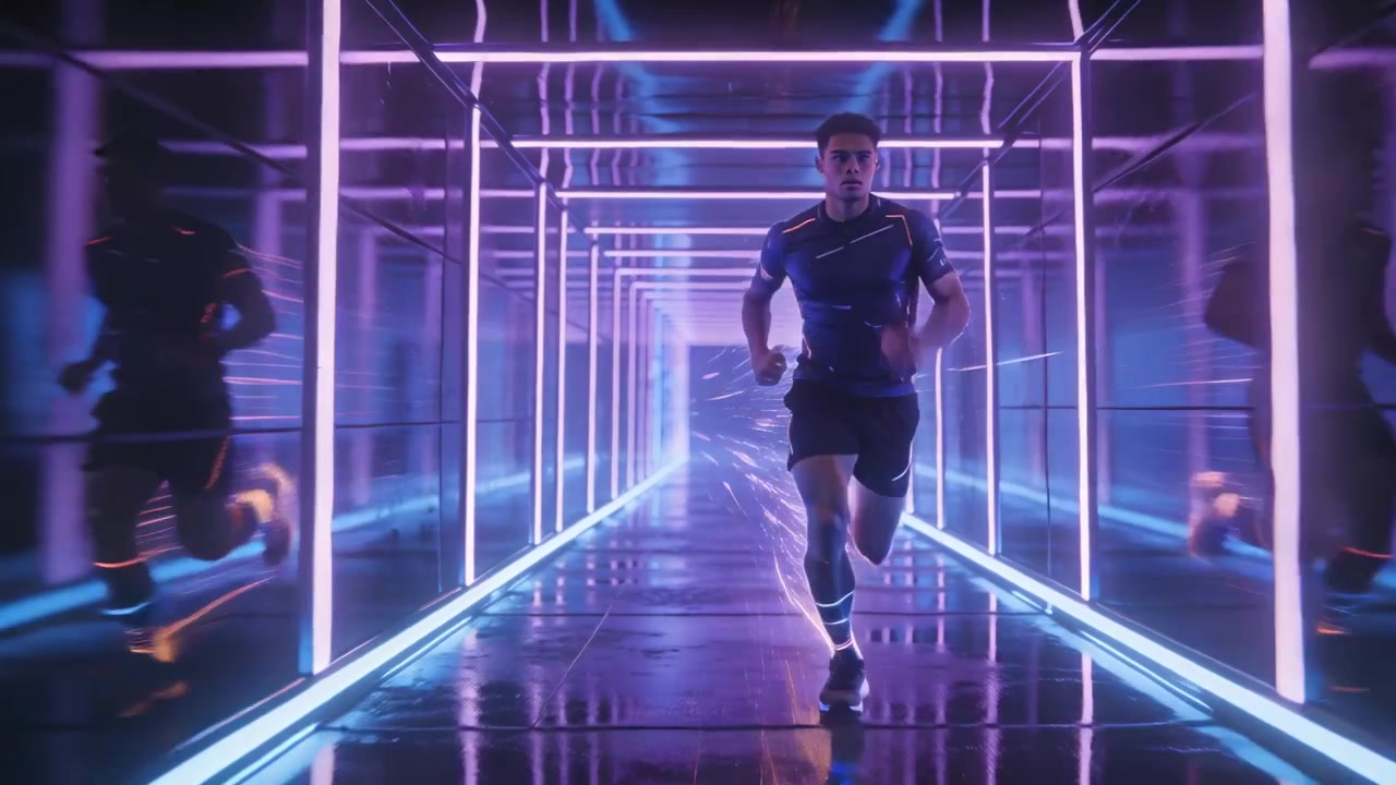 Sprintující mužský atlet ve sportovním úboru se po objevení přibližuje ke kameře v zrcadlových neonových rámech.