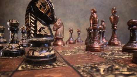 Flight-of-the-camera-between-vintage-chess.-Super-macro-close-up.
