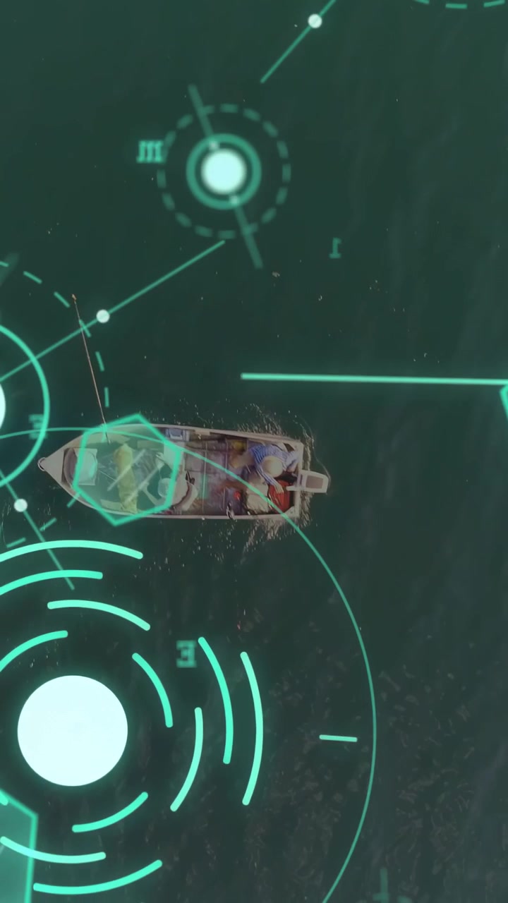 Vertical video: Boat entering HUD, 2 men steering and holding pole, overlay tracking for navigation
