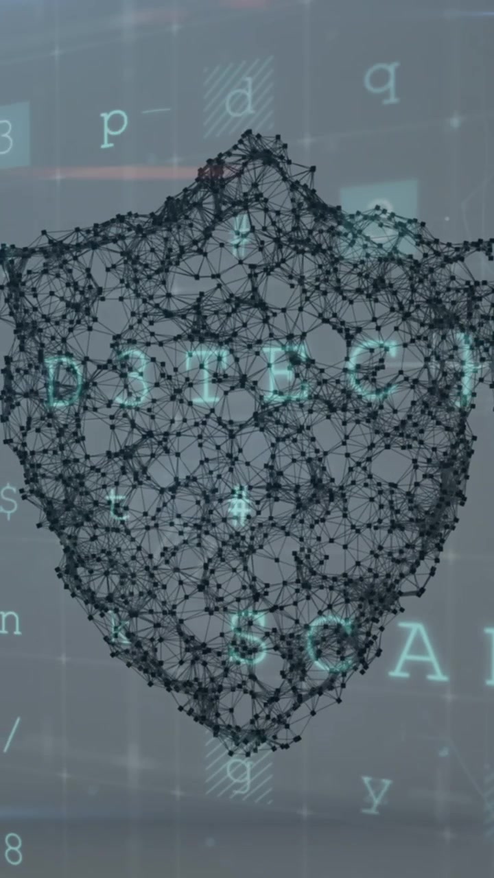 Animación de escaneo, números y escudo de seguridad en línea.