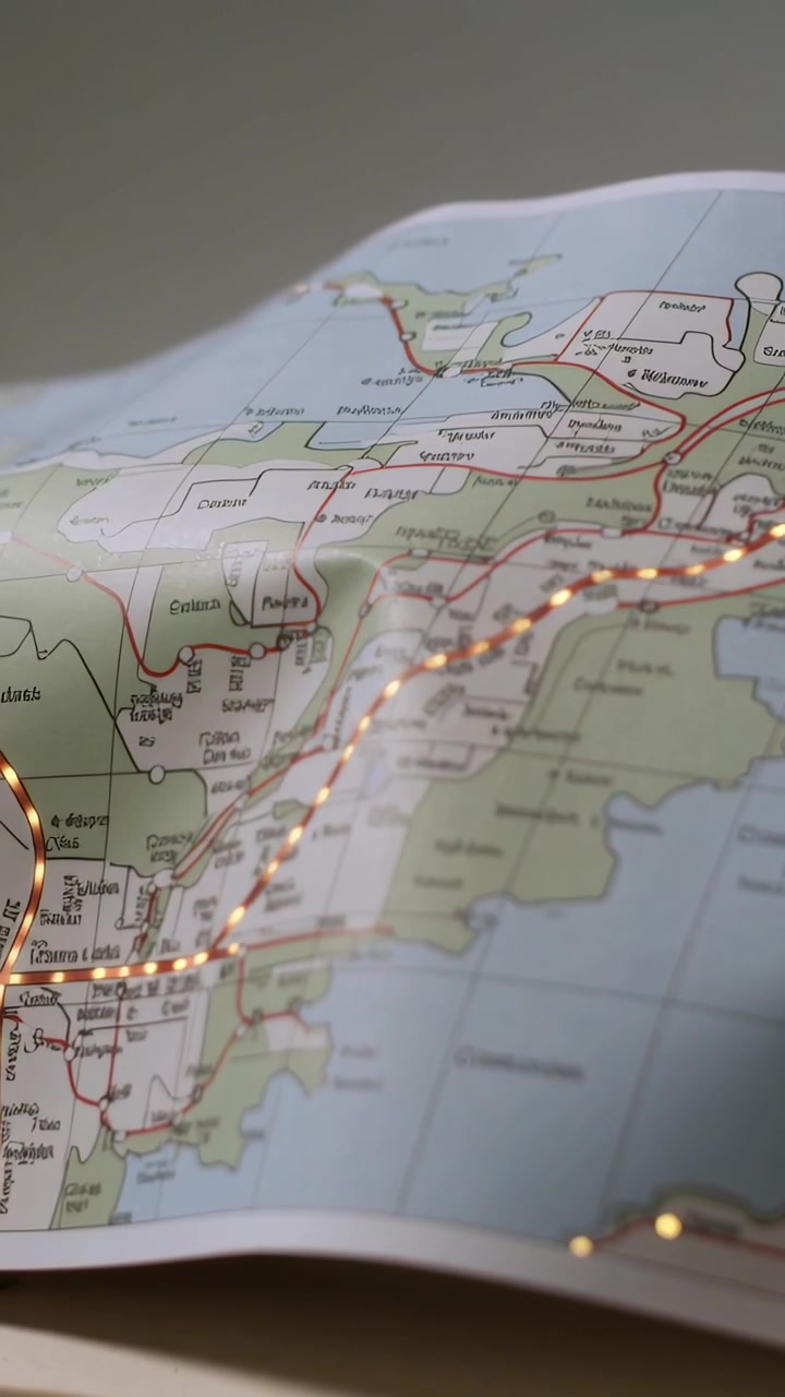 Video verticale: Riprese di una mappa piegata centrata su un tavolo, con la telecamera che scende evidenziando un percorso LED