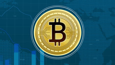animación del símbolo de bitcoin sobre el procesamiento de datos estadísticos y el mapa del mundo contra un fondo azul