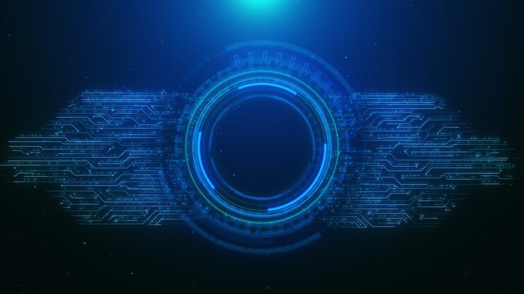 Animazione high-tech di un'interfaccia HUD digitale luminosa con un nucleo circolare circondato da un circuito dettagliato.