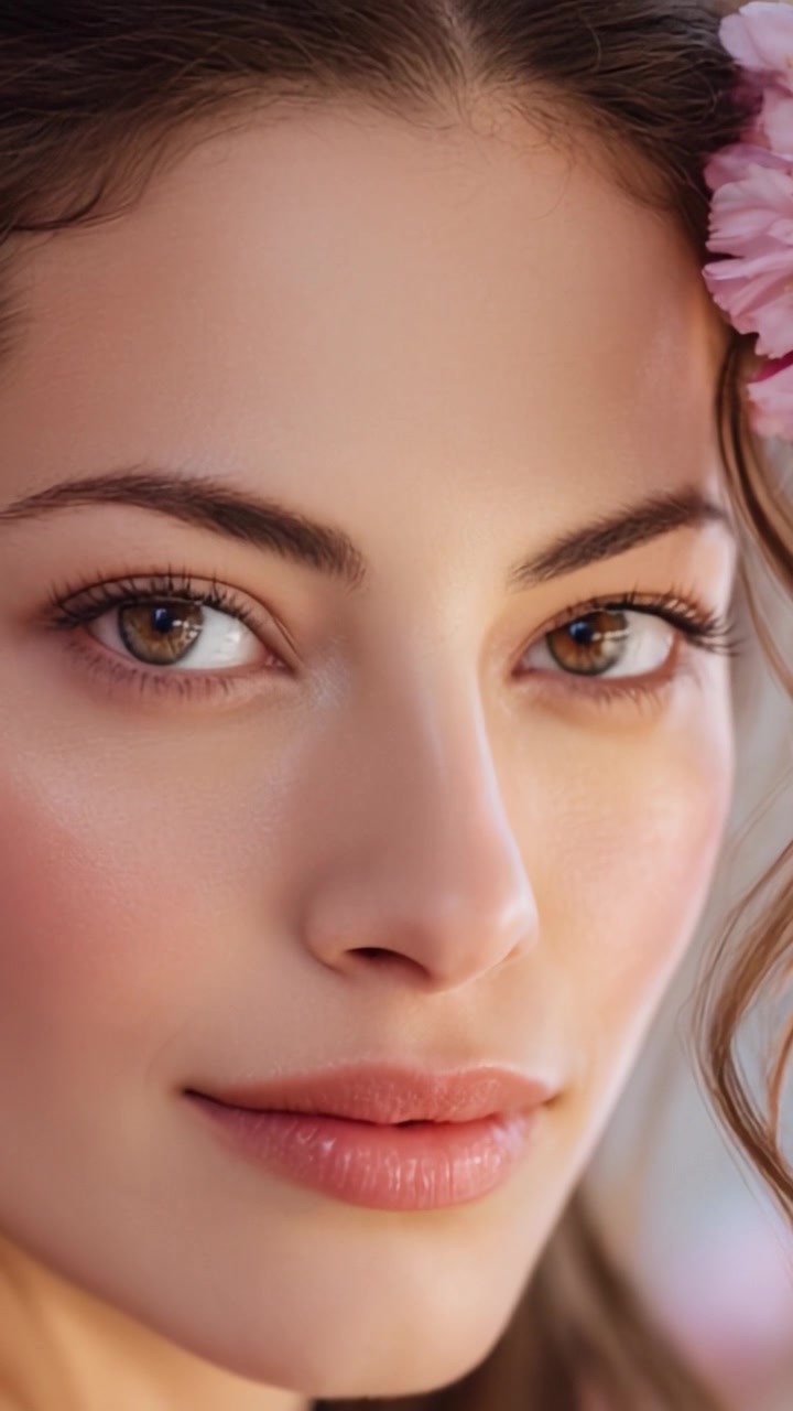 Captivating Close-Up of a Young Woman with Natural Beauty and Soft Features, Featuring Delicate Flower Accents in her Hair Highlighting Her Radiant Complexion