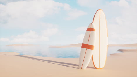 tabla de surf en la playa, renderización en 3d.