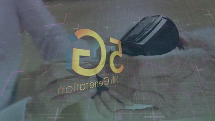 Animation of 5g 5th generation text over woman using terminal for payment in background