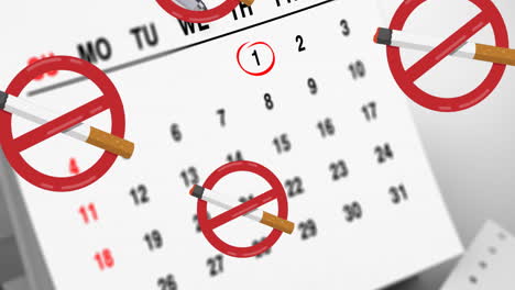 animación de cigarrillo con signo de prohibición sobre calendario y bolígrafo
