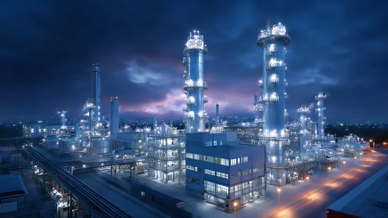 Illuminated Industrial Complex at Night: A Stunning View of Towers and Structures in a Modern Manufacturing Facility with Breathtaking Lighting and Detail