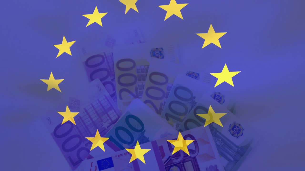 Anel de estrelas da UE girando e desaparecendo ao reproduzir, revelando um leque de notas de euro para mostrar as denominações.