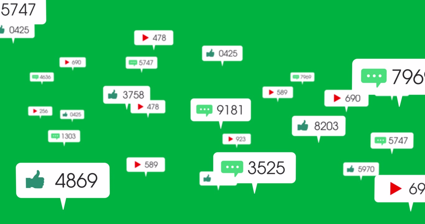 Animasjon av sosiale medier-ikoner med tall på hvite bannere over svart bakgrunn.