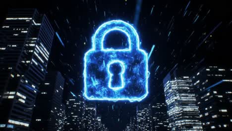 illuminated digital lock symbol set against a stark urban landscape depicting themes of cybersecurity, protection, and digital privacy in a modern city environment