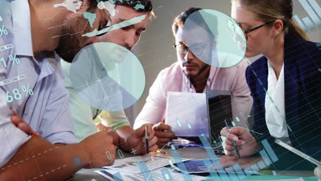 animation of financial data processing over diverse business people in office