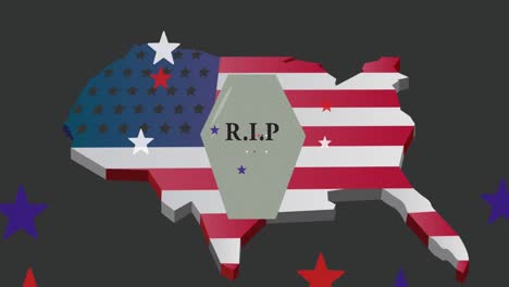 animation of coffin and stars over map with flag of united states of america