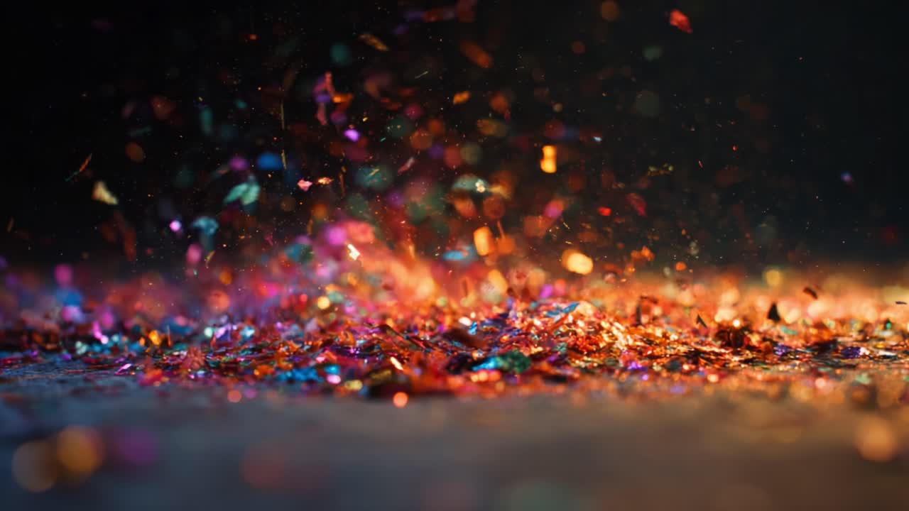 A Close-Up Exploration of Shimmering Glitter Particles Capturing Light and Color in a Dynamic Display of Radiance and Texture on a Dark Background