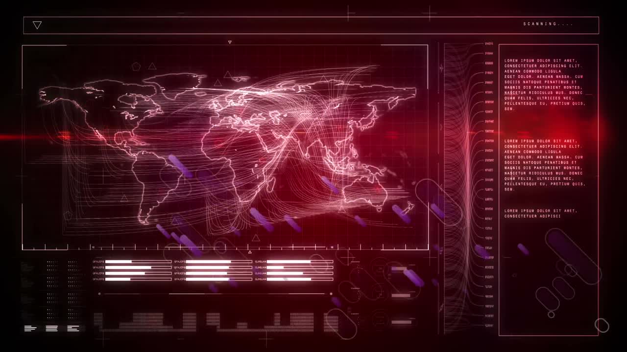 Animation of purple light trails over interface with world map and data processing
