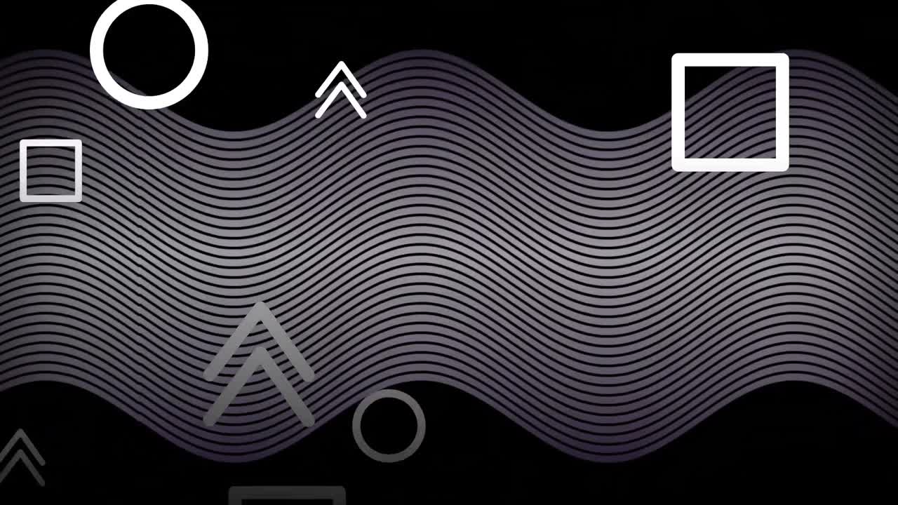 Animation of white line shapes rising, over thin wavy kinetic white lines moving on black