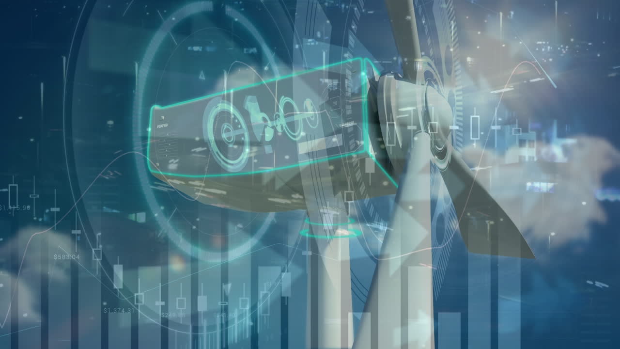 구름과 도로 교통과 함께 하늘을 이동하는 풍력 터빈에 대한 데이터와 그래프의 애니메이션