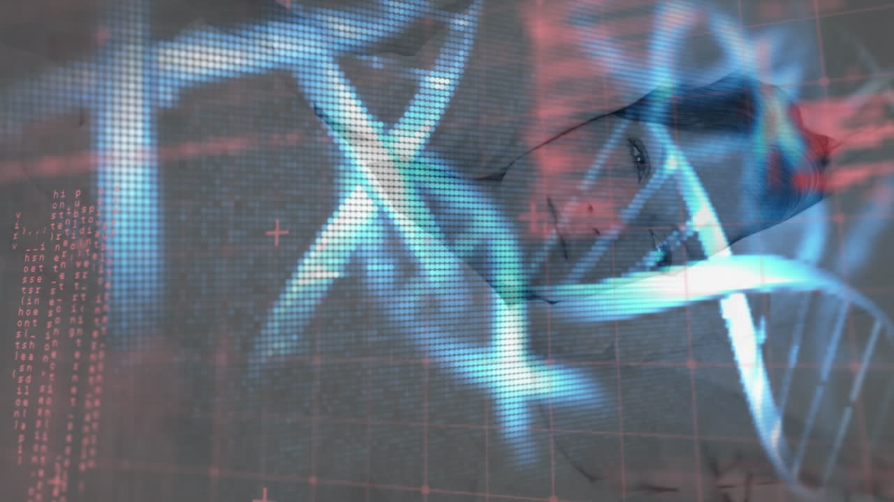 animación de cadena de adn y procesamiento de datos sobre mujer caucásica durmiendo