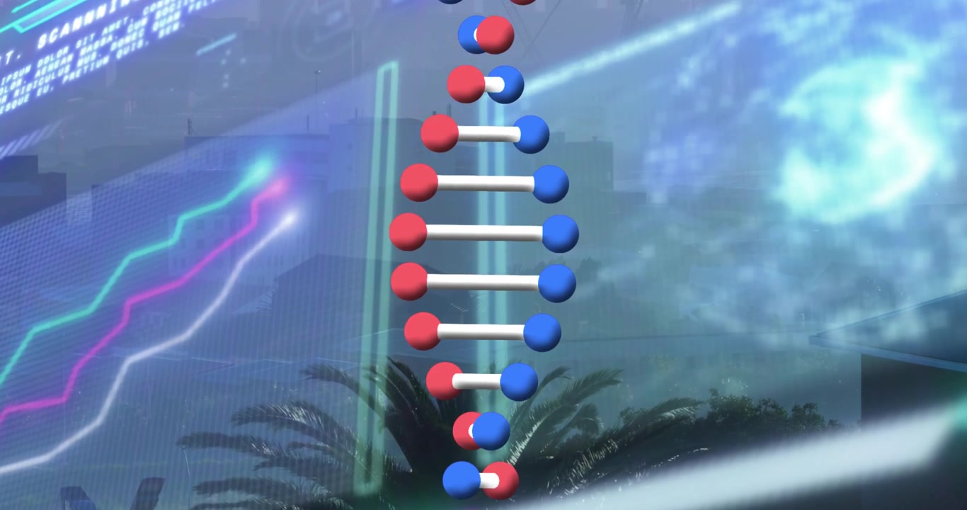 Animation of dna strand and data processing over cityscape