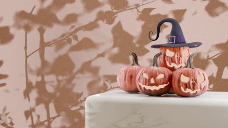 halloween pumpkins with witch hat casting shadows on yellow background