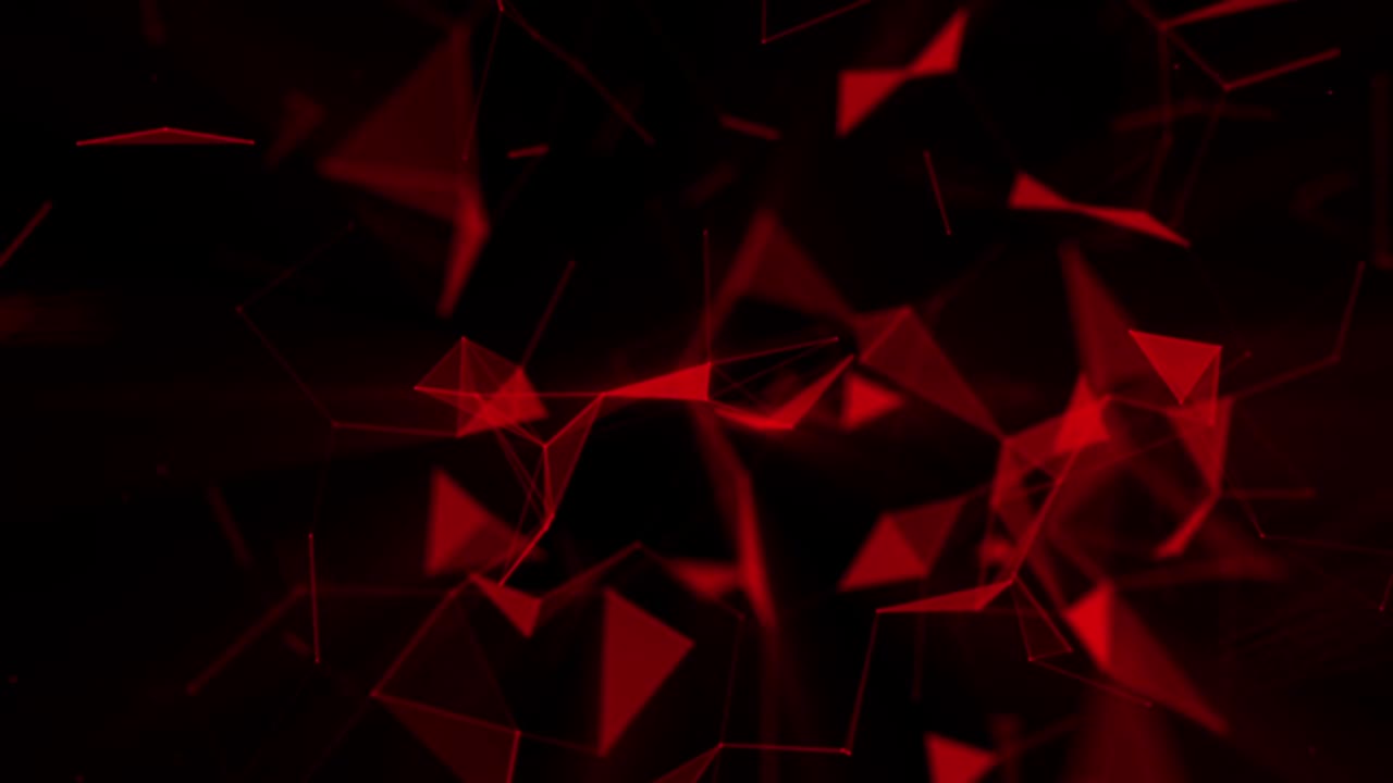 Abstract animation of a red plexus network with moving nodes, lines, and triangles on a black background. For technology, danger, alert, or science concepts. Seamless loop