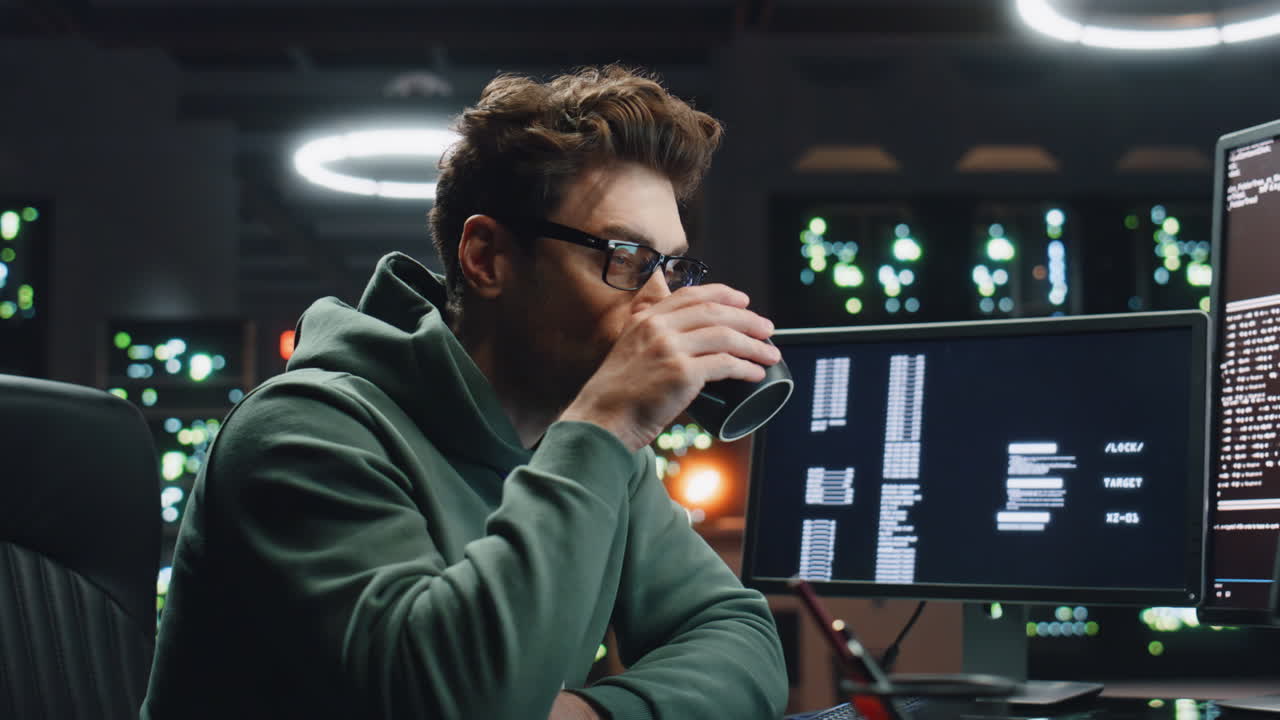 Software engineer looking monitors in advanced monitoring office close up.