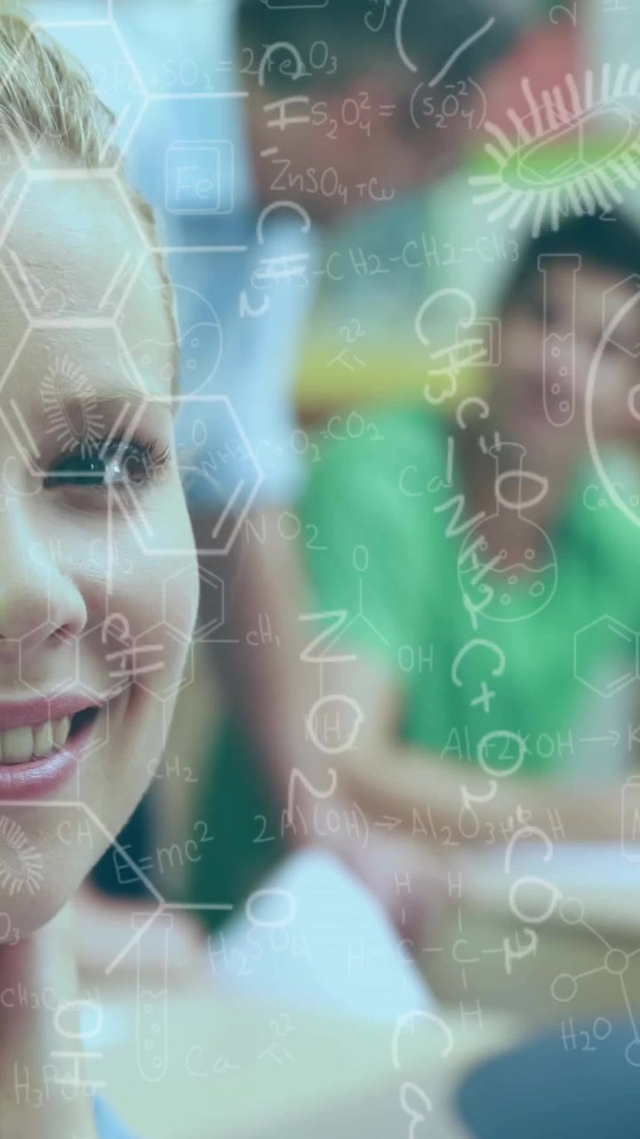 Animation of chemical equations against portrait of caucasian woman studying and smiling at college