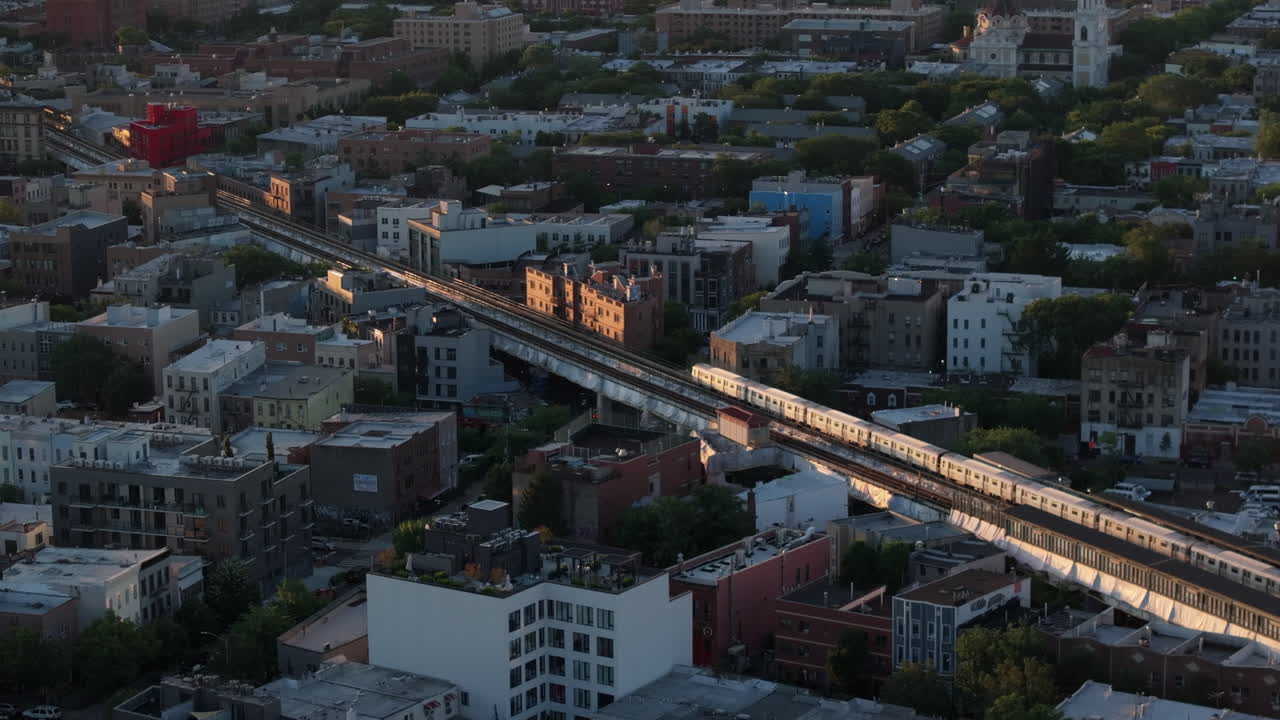 Aerial view of the subway in Brooklyn at sunrise. Shot in New York City.