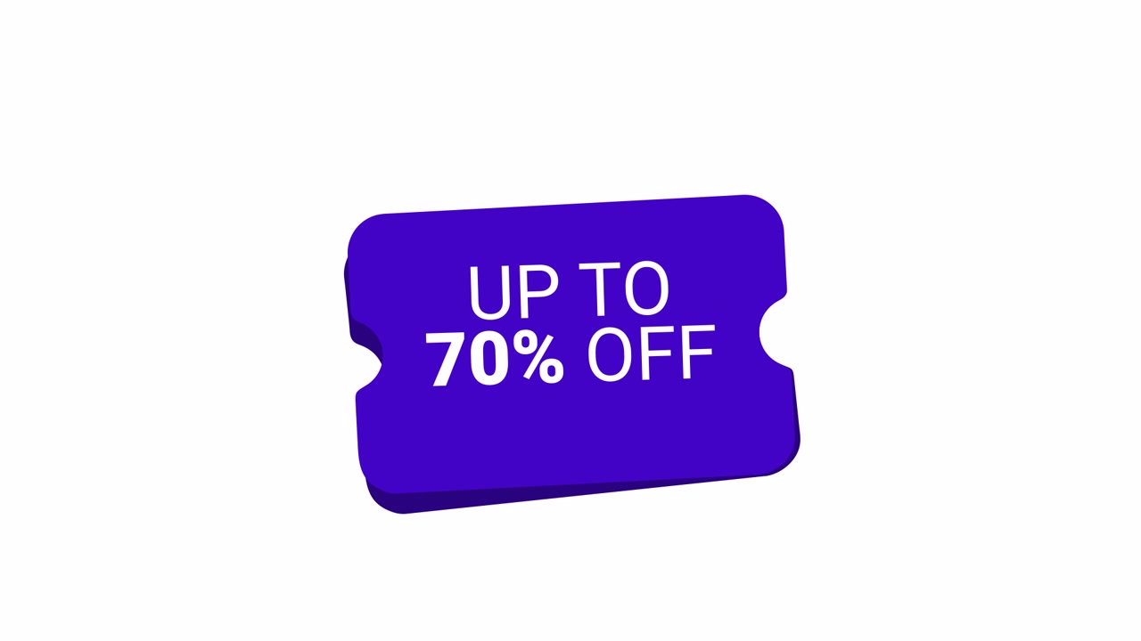 Animated Purple Coupon Tag with Up to 70 Percent Off Text