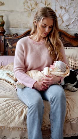 cozy morning with mom, baby, and a puppy