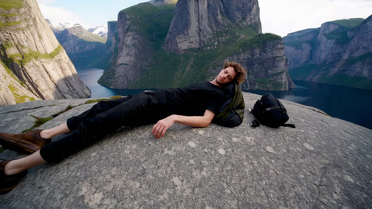 A man relaxing on a rocky outcrop overlooking a stunning Norwegian fjord