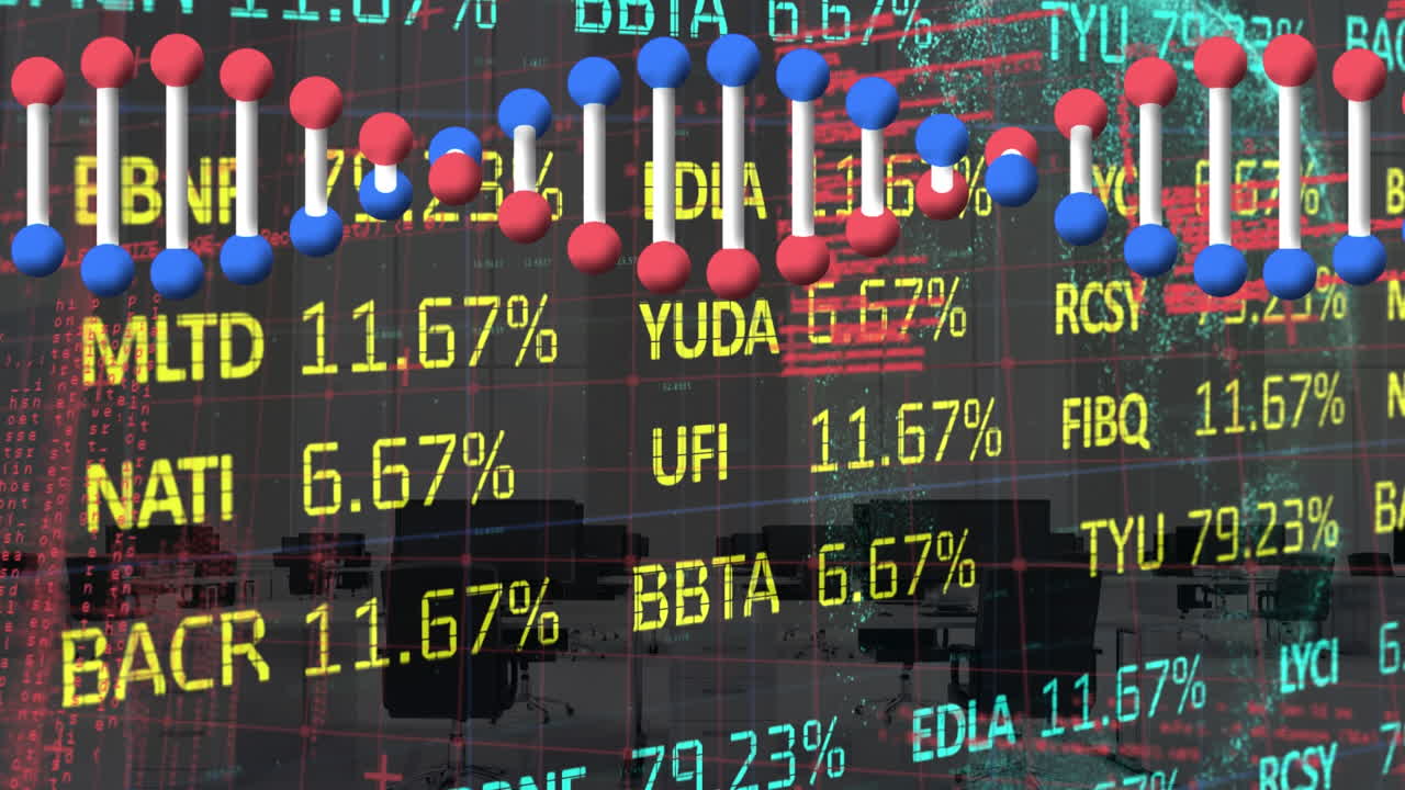 dna 구조의 애니메이션과 빈 사무실에 대한 주식 시장 데이터 처리