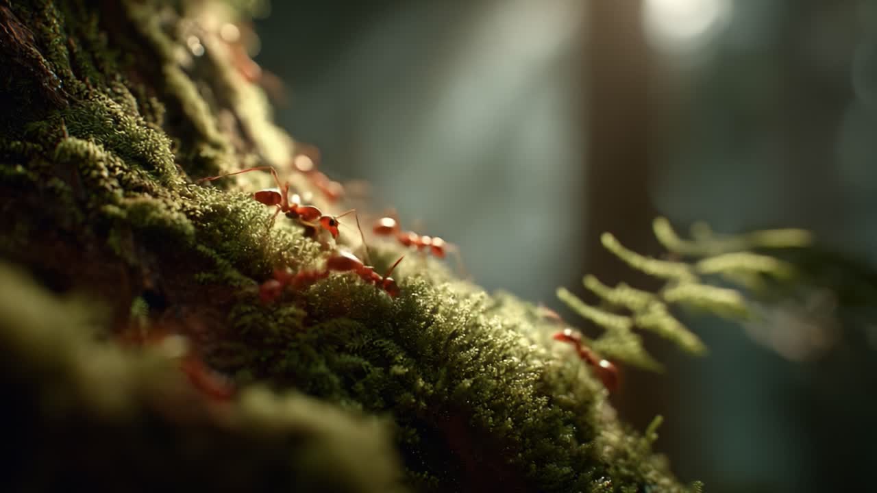 A Fascinating Close-Up Look at Ants Navigating a Moss-Covered Tree in a Serene Forest Environment, Capturing Their Intricate Behaviors and Natural Habitat