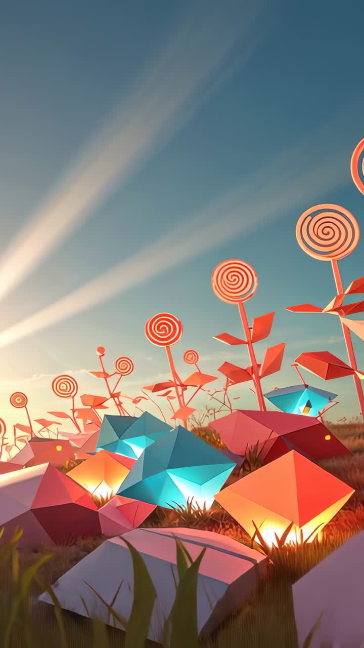 Vertical video: Panning camera across meadow revealing glowing crystals and lollipop flowers