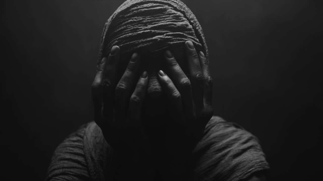 A mummified woman against the dark background in keeps her hands on her face the powerful pose full of despair