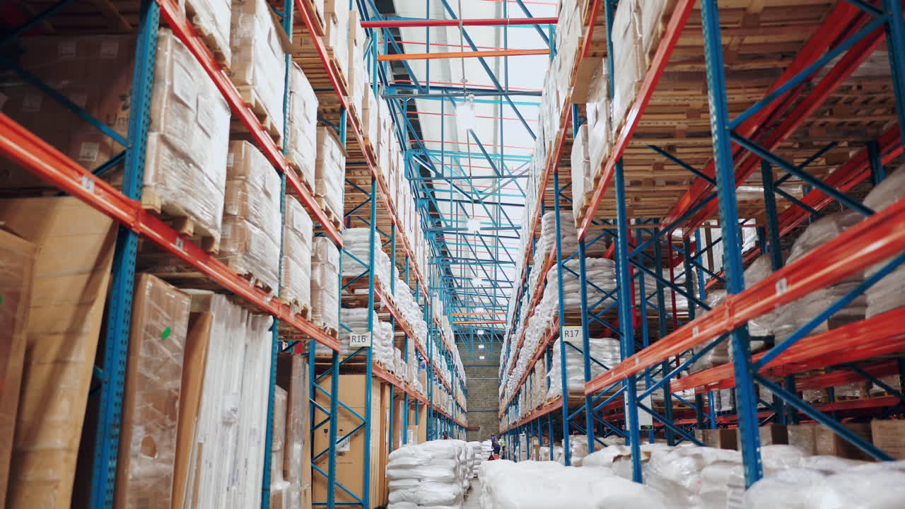 Warehouse shelves with stacked goods and packages