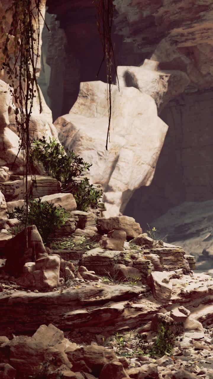 Majestic canyon with rock formations and vibrant greenery in golden light