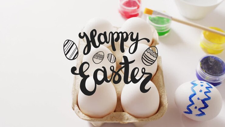 Animation of happy easter text over eggs and paints on white background
