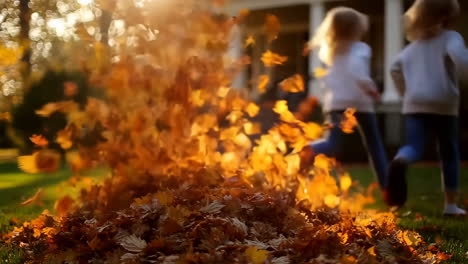 children playing in a pile of autumn leaves