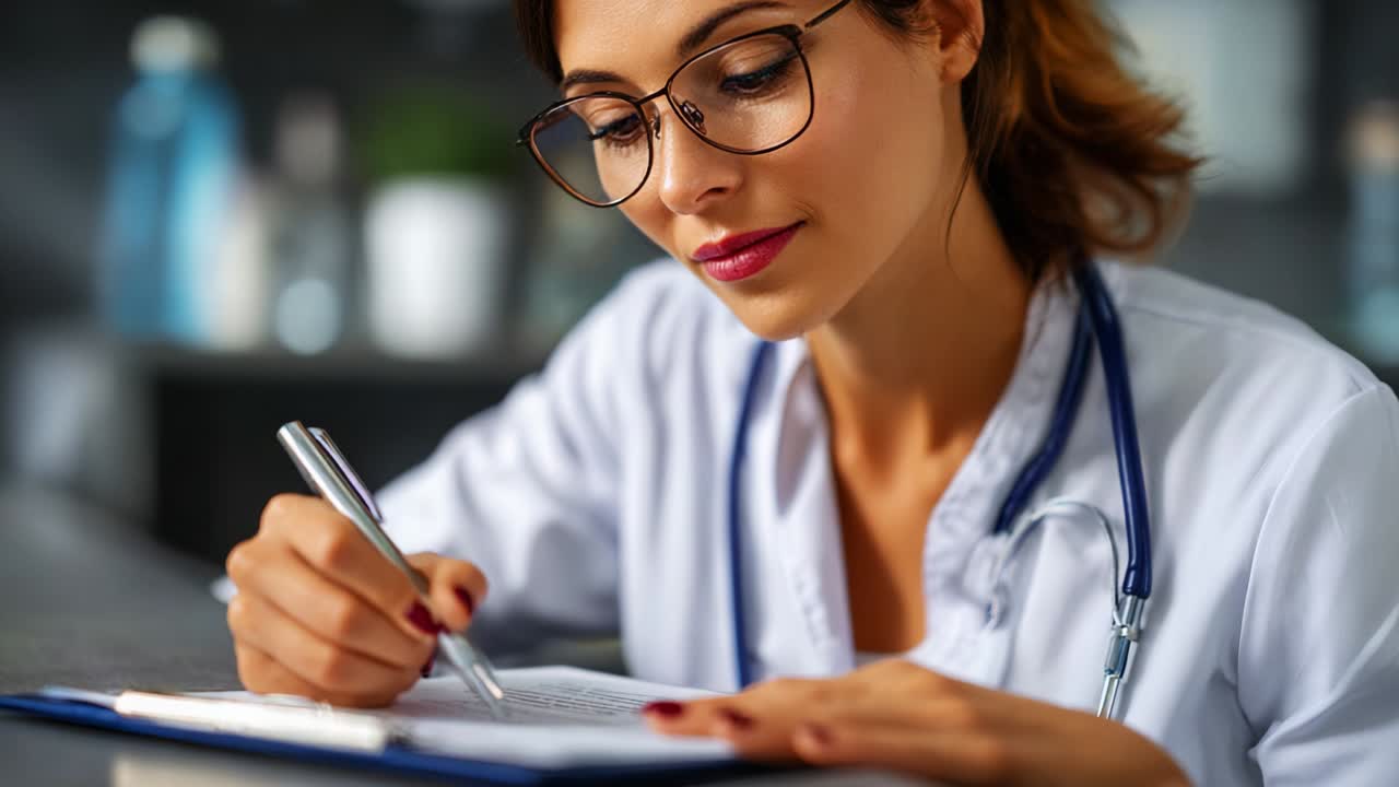 A focused medical professional diligently reviews notes and documents while wearing glasses and a stethoscope, showcasing dedication to patient care and meticulous attention to detail in healthcare settings
