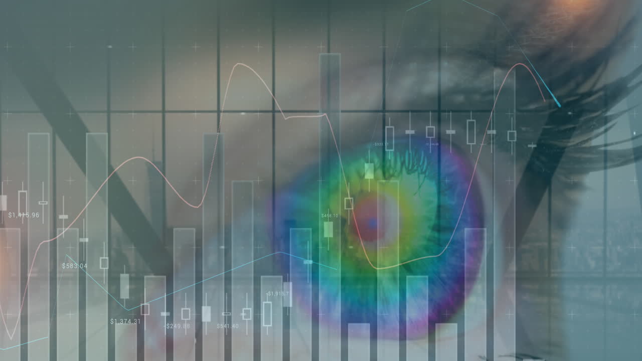 animación de estadísticas y procesamiento de datos sobre el ojo de la mujer en el fondo