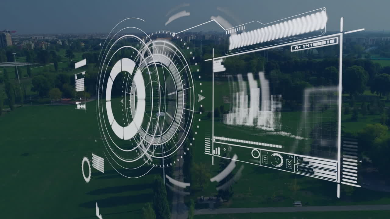 Futuristic HUD overlay floating over urban park view, showing circular gauges and data panels
